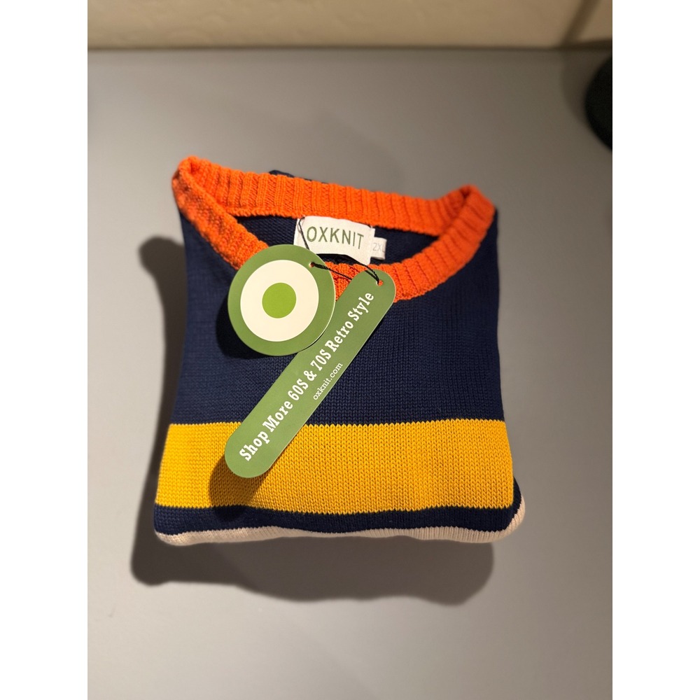 OXKNIT Mens 2XL Retro 70s Striped Crewneck Sweater Navy Blue Orange NWT